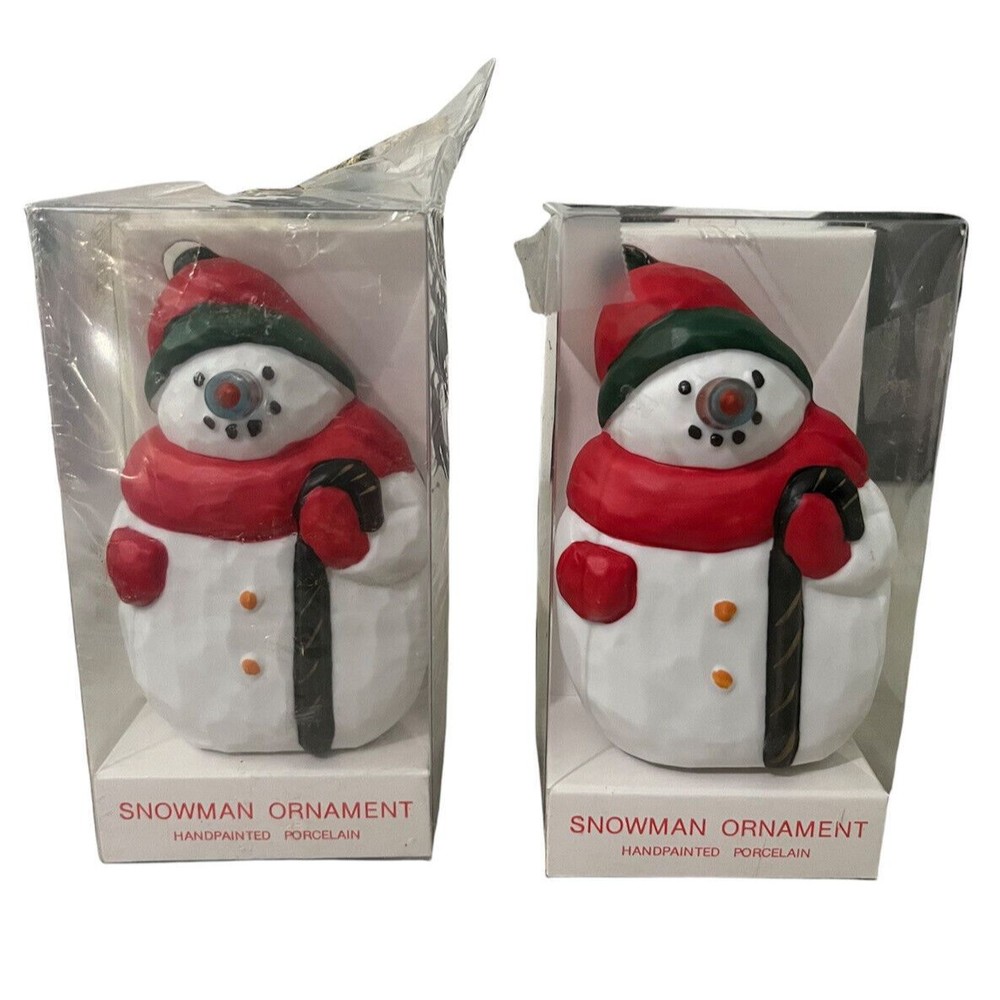 Pair of 2 Department 56 Snowman Ornaments Porcelain Handpainted #4455-5 Taiwan